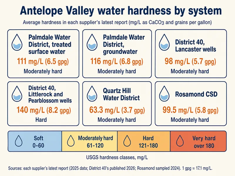 Infographic titled Antelope Valley water hardness by system, average hardness in each supplier's latest report, with six cards: Palmdale Water District treated surface water 111 mg/L (6.5 gpg) moderately hard; Palmdale Water District groundwater 116 mg/L (6.8 gpg) moderately hard; District 40 Lancaster wells 98 mg/L (5.7 gpg) moderately hard; District 40 Littlerock and Pearblossom wells 140 mg/L (8.2 gpg) hard; Quartz Hill Water District 63.3 mg/L (3.7 gpg) moderately hard; Rosamond CSD 99.5 mg/L (5.8 gpg) moderately hard. A bar shows the USGS classes: soft 0-60, moderately hard 61-120, hard 121-180, very hard over 180 mg/L. Sources: each supplier's latest report (2025 data; District 40's published 2026; Rosamond sampled 2024); 1 gpg = 17.1 mg/L