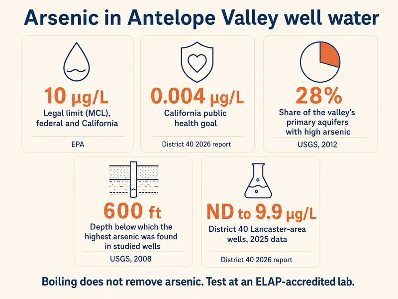 Infographic titled Arsenic in Antelope Valley well water with five cards: 10 µg/L, legal limit (MCL), federal and California, source EPA; 0.004 µg/L, California public health goal, source District 40 2026 report; 28%, share of the valley's primary aquifers with high arsenic, source USGS 2012; 600 ft, depth below which the highest arsenic was found in studied wells, source USGS 2008; ND to 9.9 µg/L, District 40 Lancaster-area wells, 2025 data, source District 40 2026 report. Footer: Boiling does not remove arsenic. Test at an ELAP-accredited lab.
