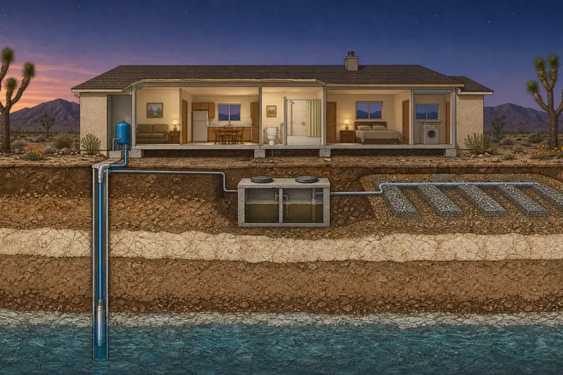Cutaway drawing of a desert ranch home's water and waste systems: a private well with its pressure tank, a buried septic tank and leach field, and a layer of hard caliche under the yard