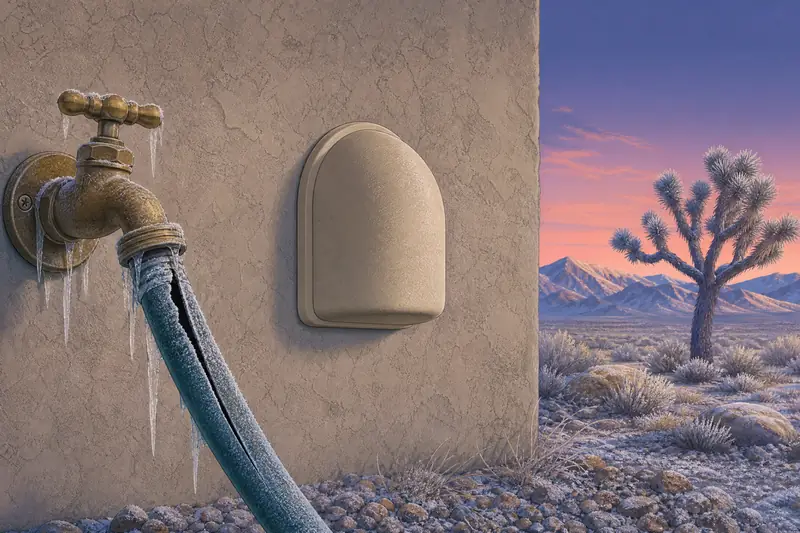 Drawing of a split, frozen garden hose and an icy outdoor faucet next to a second faucet wearing an insulated cover