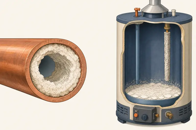 Drawing of a copper pipe narrowed by mineral scale beside a cut-open water heater with scale sediment on the bottom of the tank