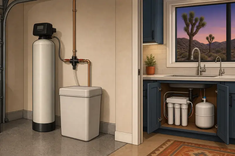 Drawing of a softener resin tank and brine tank on a garage wall, with an under-sink reverse osmosis unit visible in the kitchen next door