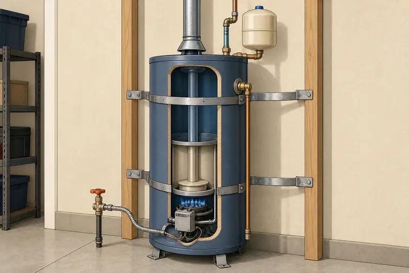 Drawing of a gas water heater strapped to a garage wall with two earthquake straps, a copper relief-valve pipe down its side and an expansion tank above it