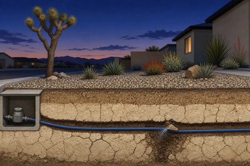 Cross-section drawing of a desert front yard with the water line running from the meter box through pale caliche soil to the house, and a leak where the pipe rubs on a rock