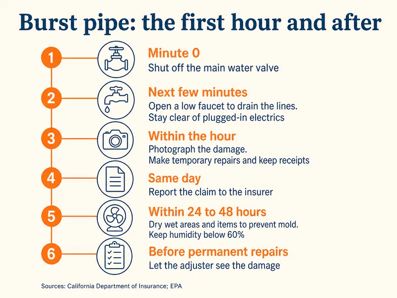 Timeline titled Burst pipe: the first hour and after. Minute 0: shut off the main water valve. Next minutes: open a low faucet to drain the lines and stay clear of plugged-in electrics. Within the hour: photograph the damage, make temporary repairs to stop further damage and keep receipts (California Department of Insurance). Same day: report the claim to the insurer (CDI). Within 24 to 48 hours: dry wet areas and items to prevent mold, and keep humidity below 60 percent (EPA). Before permanent repairs: let the adjuster see the damage (CDI).