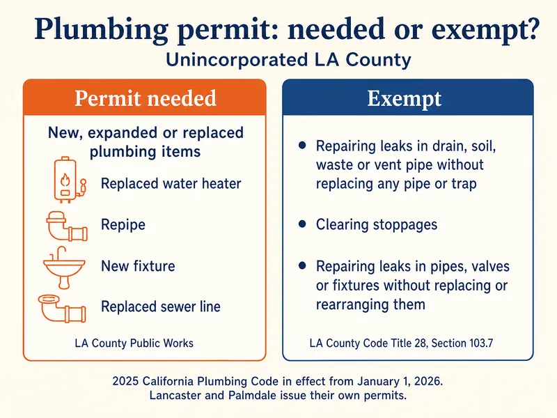 Two-column chart titled Plumbing permit: needed or exempt? in unincorporated LA County. Permit needed (LA County Public Works): new, expanded or replaced plumbing items, such as a replaced water heater, a repipe, a new fixture or a replaced sewer line. Exempt (LA County Code Title 28, Section 103.7): repairing leaks in drain, soil, waste or vent pipe without replacing any pipe or trap; clearing stoppages; repairing leaks in pipes, valves or fixtures without replacing or rearranging them. Footer: 2025 California Plumbing Code in effect from January 1, 2026; Lancaster and Palmdale issue their own permits.