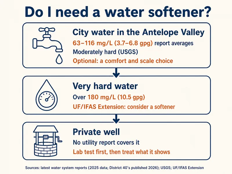Infographic titled Do I need a water softener?, a three-step decision path. City water in the Antelope Valley: 63–116 mg/L (3.7–6.8 gpg) report averages, moderately hard (USGS), optional: a comfort and scale choice. Very hard water: over 180 mg/L (10.5 gpg), UF/IFAS Extension: consider a softener. Private well: no utility report covers it, lab test first, then treat what it shows. Sources: latest water system reports (2025 data; District 40's published 2026); USGS; UF/IFAS Extension.
