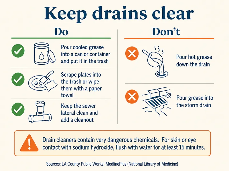 Do and don't card titled Keep drains clear. Do: pour cooled grease into a can or container and put it in the trash; scrape plates into the trash or wipe them with a paper towel; keep the sewer lateral clean and add a cleanout (LA County Public Works). Don't: pour hot grease down the drain; pour grease into the storm drain (LA County Public Works). Caution: drain cleaners contain very dangerous chemicals; for skin or eye contact with sodium hydroxide, flush with water for at least 15 minutes (MedlinePlus).