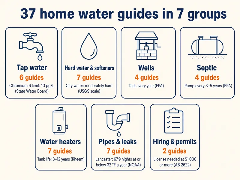 Infographic titled 37 home water guides in 7 groups. Tap water, 6 guides: chromium 6 limit 10 µg/L (State Water Board). Hard water and softeners, 7 guides: city water moderately hard (USGS scale). Wells, 4 guides: test every year (EPA). Septic, 4 guides: pump every 3 to 5 years (EPA). Water heaters, 7 guides: tank life 8 to 12 years (Rheem). Pipes and leaks, 7 guides: Lancaster has 67.9 nights at or below 32 °F a year (NOAA). Hiring and permits, 2 guides: license needed at $1,000 or more (AB 2622).