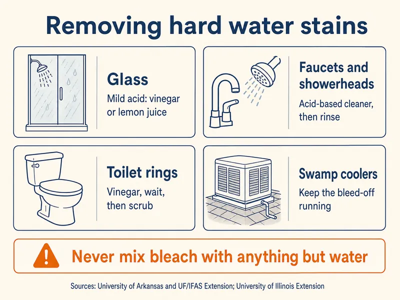Infographic titled Removing hard water stains, four tiles. Glass: mild acid, vinegar or lemon juice. Faucets and showerheads: acid-based cleaner, then rinse. Toilet rings: vinegar, wait, then scrub. Swamp coolers: keep the bleed-off running. Warning strip: never mix bleach with anything but water. Sources: University of Arkansas and UF/IFAS Extension; University of Illinois Extension.
