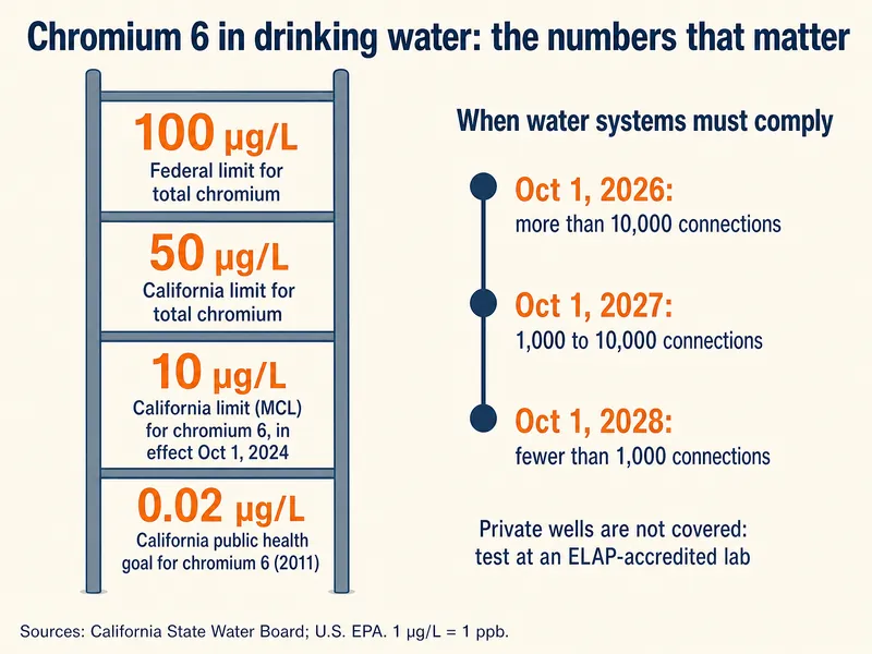 Infographic titled Chromium 6 in drinking water: the numbers that matter. A ladder shows four levels from bottom to top: 0.02 µg/L, California public health goal for chromium 6 (2011); 10 µg/L, California limit (MCL) for chromium 6, in effect Oct 1, 2024; 50 µg/L, California limit for total chromium; 100 µg/L, federal limit for total chromium. A timeline headed When water systems must comply shows Oct 1, 2026 for more than 10,000 connections, Oct 1, 2027 for 1,000 to 10,000 connections and Oct 1, 2028 for fewer than 1,000 connections, with a note that private wells are not covered and should be tested at an ELAP-accredited lab