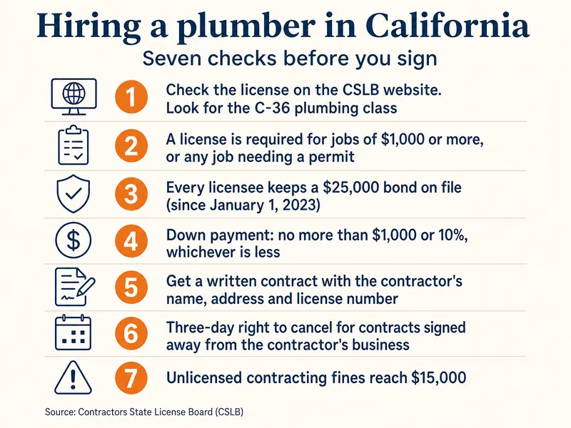 Checklist titled Hiring a plumber in California. 1: Check the license on the CSLB website; look for the C-36 plumbing class. 2: A license is required for jobs of $1,000 or more, or any job needing a permit. 3: Every licensee keeps a $25,000 bond on file (since January 1, 2023). 4: Down payment no more than $1,000 or 10 percent, whichever is less. 5: Get a written contract with the contractor's name, address and license number. 6: Three-day right to cancel for contracts signed away from the contractor's business. 7: Unlicensed contracting fines reach $15,000. Source: Contractors State License Board.