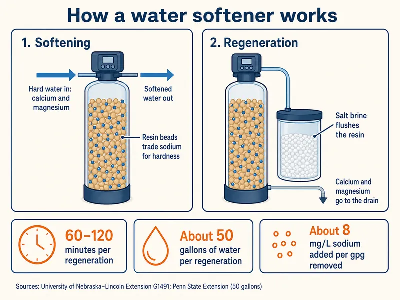 Infographic titled How a water softener works, in two panels. 1. Softening: hard water in, calcium and magnesium; resin beads trade sodium for hardness; softened water out. 2. Regeneration: salt brine flushes the resin; calcium and magnesium go to the drain. Three fact cards: 60–120 minutes per regeneration; about 50 gallons of water per regeneration; about 8 mg/L sodium added per gpg removed. Sources: University of Nebraska–Lincoln Extension G1491; Penn State Extension (50 gallons).