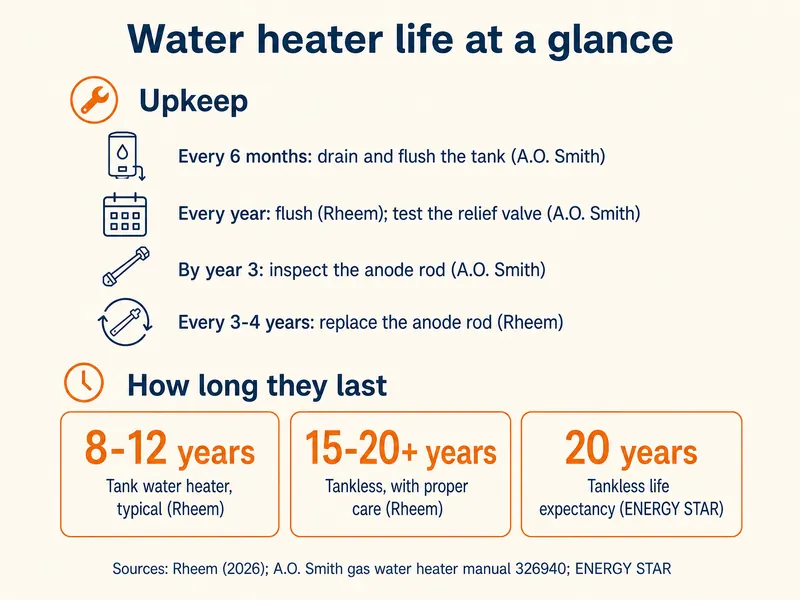Infographic titled Water heater life at a glance. Upkeep: every 6 months, drain and flush the tank (A.O. Smith); every year, flush (Rheem) and test the relief valve (A.O. Smith); by year 3, inspect the anode rod (A.O. Smith); every 3 to 4 years, replace the anode rod (Rheem). How long they last: tank water heater typically 8 to 12 years (Rheem); tankless 15 to 20+ years with proper care (Rheem); tankless life expectancy 20 years (ENERGY STAR). Sources: Rheem 2026, A.O. Smith manual 326940, ENERGY STAR.