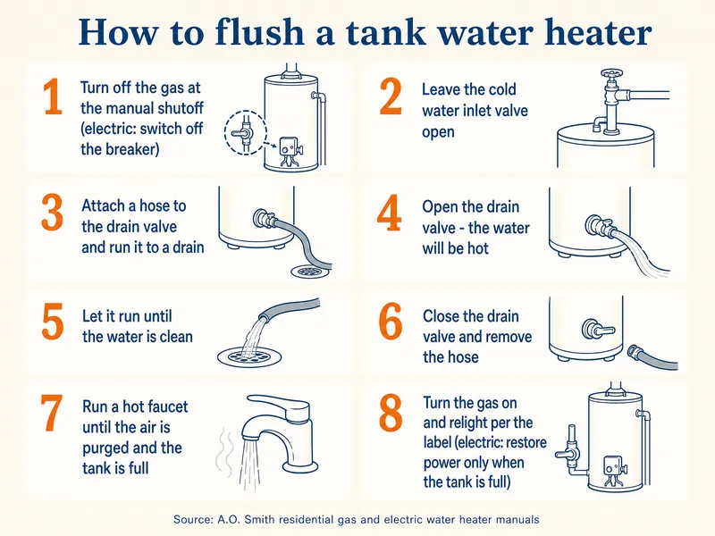 Eight numbered steps titled How to flush a tank water heater. 1, turn off the gas at the manual shutoff, or switch off the breaker for electric. 2, leave the cold water inlet valve open. 3, attach a hose to the drain valve and run it to a drain. 4, open the drain valve; water will be hot. 5, let it run until the water is clean. 6, close the drain valve and remove the hose. 7, run a hot faucet until the air is purged and the tank is full. 8, turn the gas on and relight per the label, or restore power only when the tank is full. Source: A.O. Smith residential gas and electric water heater manuals.
