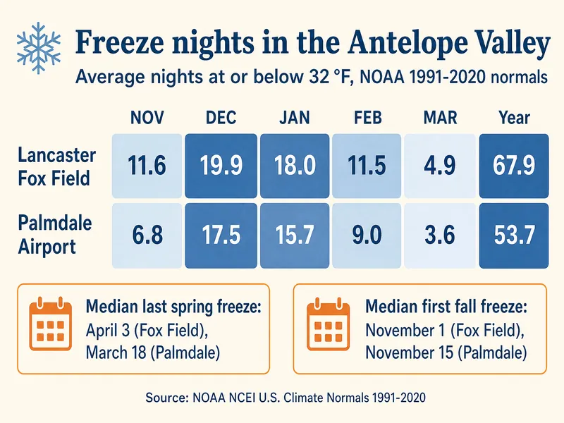 Calendar strip titled Freeze nights in the Antelope Valley, average nights at or below 32 °F from NOAA 1991–2020 normals. Lancaster Fox Field: November 11.6, December 19.9, January 18.0, February 11.5, March 4.9, year 67.9. Palmdale Airport: November 6.8, December 17.5, January 15.7, February 9.0, March 3.6, year 53.7. Median last spring freeze April 3 at Fox Field and March 18 at Palmdale; median first fall freeze November 1 and November 15. Source: NOAA NCEI.