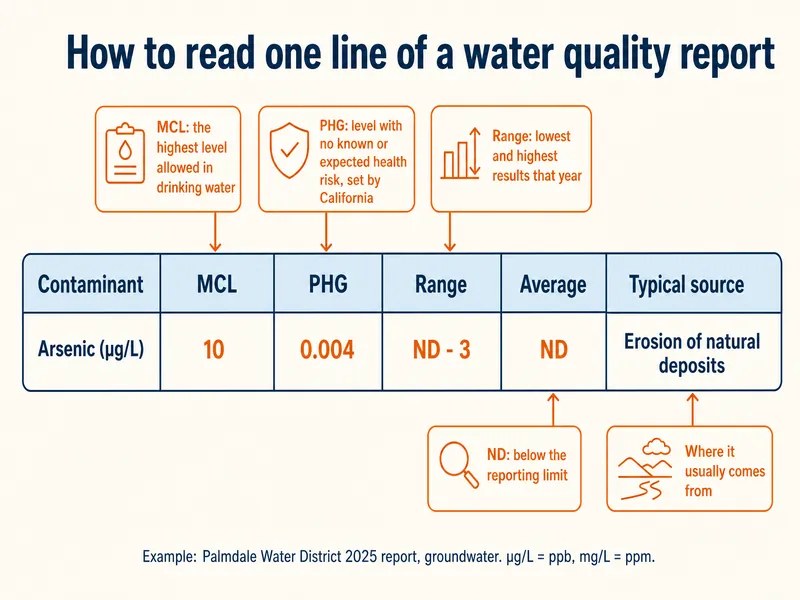 Infographic titled How to read one line of a water quality report. A table row reads: Contaminant, Arsenic (µg/L); MCL 10; PHG 0.004; Range ND - 3; Average ND; Typical source, Erosion of natural deposits. Callouts explain: MCL, the highest level allowed in drinking water; PHG, level with no known or expected health risk, set by California; Range, lowest and highest results that year; ND, below the reporting limit; Typical source, where it usually comes from. Footer: Example, Palmdale Water District 2025 report, groundwater; µg/L = ppb, mg/L = ppm