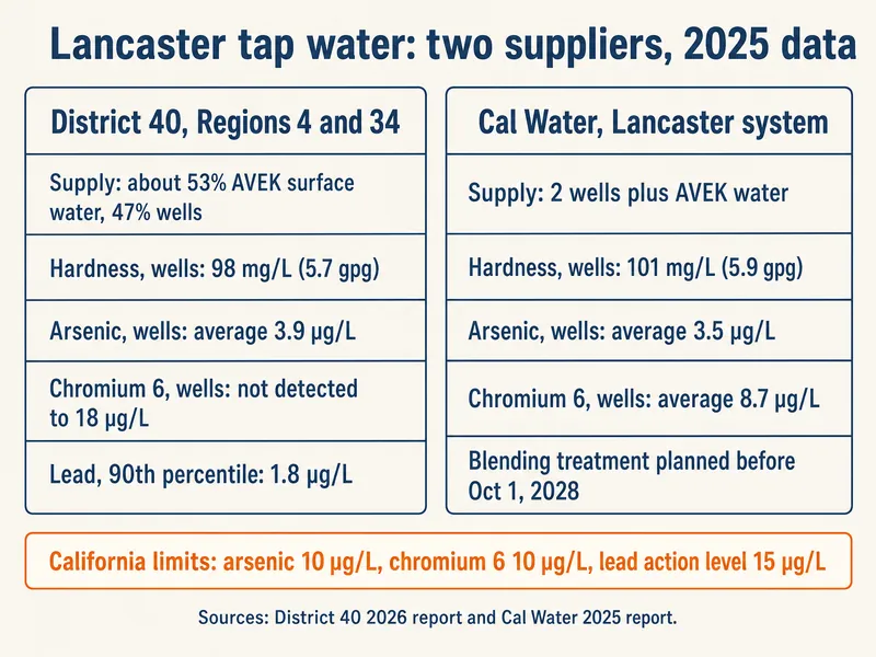 Infographic titled Lancaster tap water, two suppliers, 2025 data. Left panel, District 40 Regions 4 and 34: supply about 53% AVEK surface water and 47% wells; hardness in wells 98 mg/L (5.7 gpg); arsenic in wells average 3.9 µg/L; chromium 6 in wells not detected to 18 µg/L; lead 90th percentile 1.8 µg/L. Right panel, Cal Water Lancaster system: supply 2 wells plus AVEK water; hardness in wells 101 mg/L (5.9 gpg); arsenic in wells average 3.5 µg/L; chromium 6 in wells average 8.7 µg/L; blending treatment planned before Oct 1, 2028. Bottom band: California limits arsenic 10 µg/L, chromium 6 10 µg/L, lead action level 15 µg/L