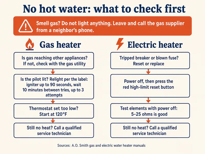 Flowchart titled No hot water: what to check first. Warning banner: smell gas? Do not light anything; leave and call the gas supplier from a neighbor's phone. Gas heater: is gas reaching other appliances? If not, check with the gas utility; is the pilot lit? Relight per the label, igniter up to 90 seconds, wait 10 minutes between tries, up to 3 attempts; thermostat set too low? Start at 120 °F; still no heat? Call a qualified service technician. Electric heater: tripped breaker or blown fuse? Reset or replace; power off, then press the red high-limit reset button; test elements with power off, 5 to 25 ohms is good; still no heat? Call a qualified service technician. Sources: A.O. Smith gas and electric water heater manuals.
