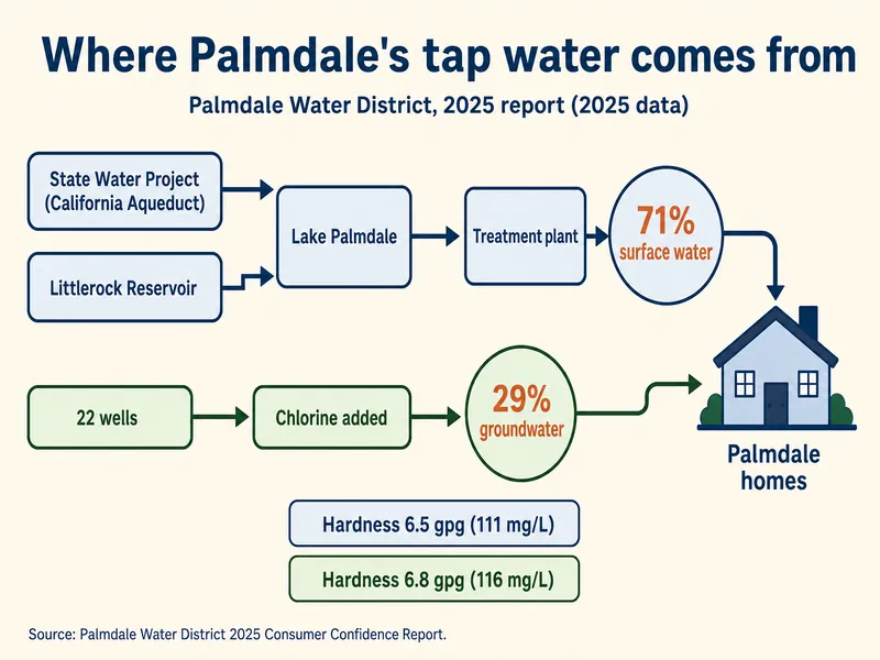 Infographic titled Where Palmdale's tap water comes from, Palmdale Water District 2025 report (2025 data). A flow diagram: State Water Project (California Aqueduct) and Littlerock Reservoir both flow into Lake Palmdale, then to a treatment plant, giving 71% surface water, tagged hardness 6.5 gpg (111 mg/L). In a second row, 22 wells flow to chlorine being added, giving 29% groundwater, tagged hardness 6.8 gpg (116 mg/L). Both reach Palmdale homes