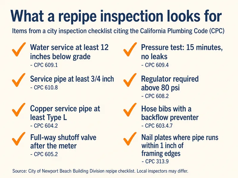 Checklist titled What a repipe inspection looks for, from a City of Newport Beach checklist citing the California Plumbing Code: water service at least 12 inches below grade (CPC 609.1); service pipe at least 3/4 inch (CPC 610.8); copper service pipe at least Type L (CPC 604.2); full-way valve after the meter (CPC 605.2); pressure test 15 minutes with no leaks (CPC 609.4); regulator required above 80 psi (CPC 608.2); hose bibs with a backflow preventer (CPC 603.4.7); nail plates where pipe runs within 1 inch of framing edges (CPC 313.9). Note: local inspectors may differ.