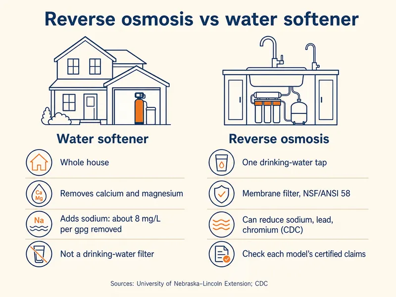 Infographic titled Reverse osmosis vs water softener, two columns. Water softener: whole house; removes calcium and magnesium; adds sodium, about 8 mg/L per gpg removed; not a drinking-water filter. Reverse osmosis: one drinking-water tap; membrane filter, NSF/ANSI 58; can reduce sodium, lead, chromium (CDC); check each model's certified claims. Sources: University of Nebraska–Lincoln Extension; CDC.