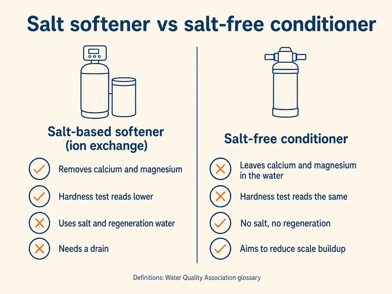 Infographic titled Salt softener vs salt-free conditioner, two columns. Salt-based softener (ion exchange): removes calcium and magnesium; hardness test reads lower; uses salt and regeneration water; needs a drain. Salt-free conditioner: leaves calcium and magnesium in the water; hardness test reads the same; no salt, no regeneration; aims to reduce scale buildup. Definitions: Water Quality Association glossary.