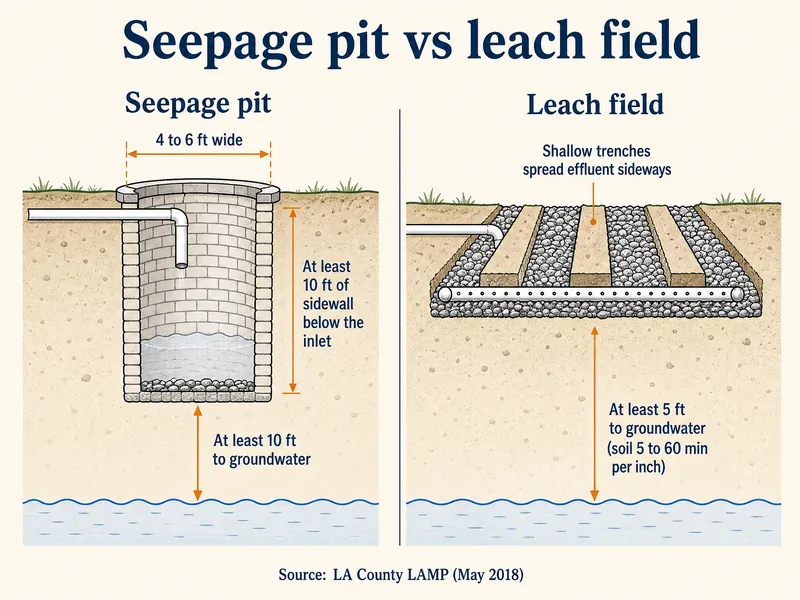 Seepage pit vs leach field, two soil cross-sections. Seepage pit: a brick-lined pit 4 to 6 ft wide with at least 10 ft of sidewall below the inlet and at least 10 ft from its bottom to groundwater. Leach field: shallow trenches that spread effluent sideways, with at least 5 ft from the trench bottom to groundwater for soil percolating 5 to 60 minutes per inch. Source: LA County LAMP (May 2018).