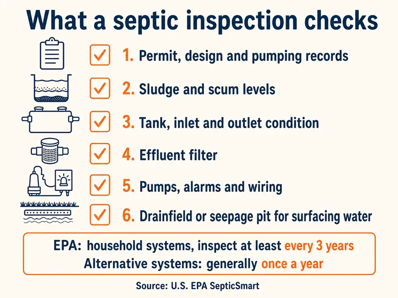 Checklist titled What a septic inspection checks, six items: 1, permit, design and pumping records. 2, sludge and scum levels. 3, tank, inlet and outlet condition. 4, effluent filter. 5, pumps, alarms and wiring. 6, drainfield or seepage pit for surfacing water. Banner: EPA says household systems need an inspection at least every 3 years and alternative systems generally once a year. Source: U.S. EPA SepticSmart.