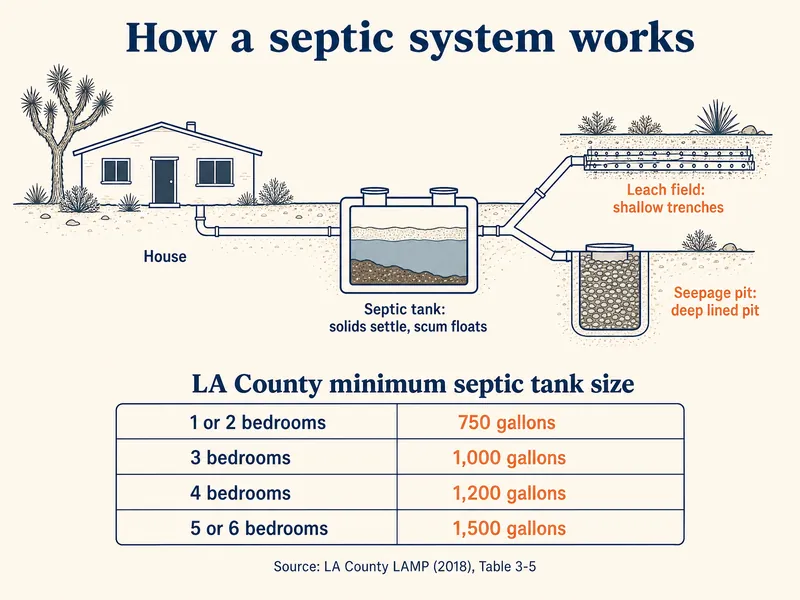 How a septic system works: a desert house drains to a septic tank where solids settle and scum floats, then to either a leach field of shallow trenches or a seepage pit, a deep lined pit. LA County minimum septic tank size: 1 or 2 bedrooms, 750 gallons; 3 bedrooms, 1,000 gallons; 4 bedrooms, 1,200 gallons; 5 or 6 bedrooms, 1,500 gallons. Source: LA County LAMP (2018), Table 3-5.