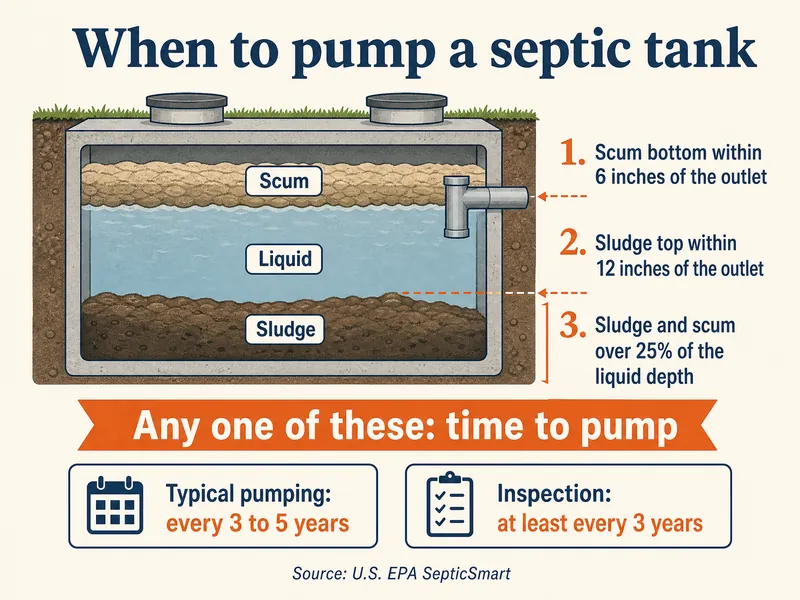 When to pump a septic tank: a tank cutaway with scum, liquid and sludge layers and a T-shaped outlet. Pump if the scum bottom is within 6 inches of the outlet, the sludge top is within 12 inches of the outlet, or sludge and scum are over 25% of the liquid depth. Typical pumping every 3 to 5 years; inspection at least every 3 years. Source: U.S. EPA SepticSmart.