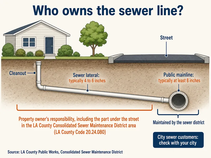 Cross-section diagram titled Who owns the sewer line? A house on the left with a cleanout near the foundation, a sloped pipe labeled sewer lateral, typically 4 to 6 inches, running under the yard and the street to a larger pipe labeled public mainline, typically at least 8 inches. A bracket over the whole lateral, house to main, reads Property owner's responsibility, including the part under the street, in the LA County Consolidated Sewer Maintenance District area (LA County Code 20.24.080). A bracket over the mainline reads Maintained by the sewer district. A note reads City sewer customers: check with your city. Source: LA County Public Works, Consolidated Sewer Maintenance District.