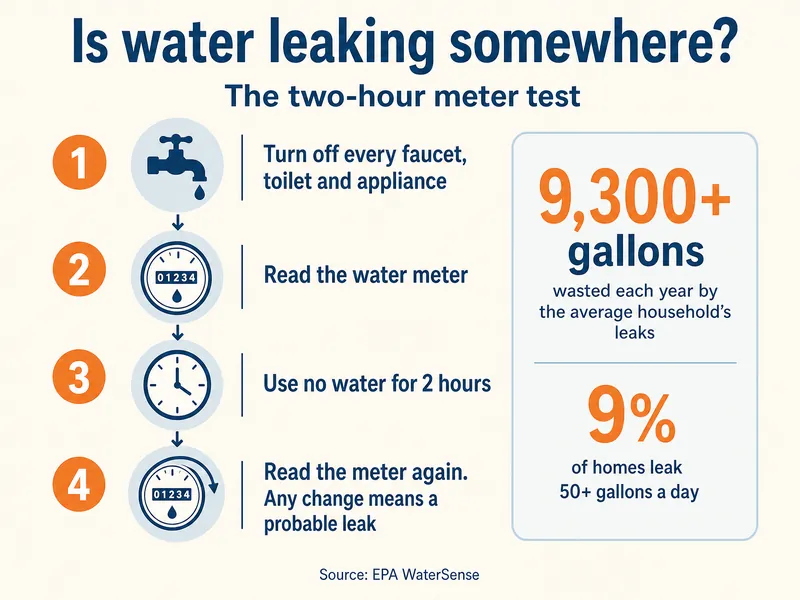 Flow chart titled Is water leaking somewhere? Step 1: turn off every faucet, toilet and appliance. Step 2: read the water meter. Step 3: use no water for 2 hours. Step 4: read the meter again; any change means a probable leak. Side panel: average household leaks waste 9,300+ gallons a year; 9 percent of homes leak 50+ gallons a day. Source: EPA WaterSense.