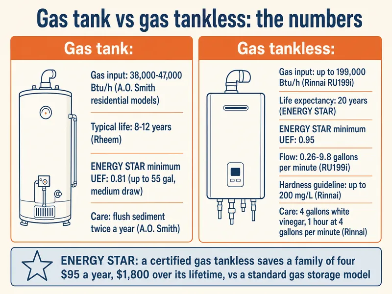 Two-column comparison titled Gas tank vs gas tankless: the numbers. Gas tank column: gas input 38,000 to 47,000 Btu per hour (A.O. Smith residential models); typical life 8 to 12 years (Rheem); ENERGY STAR minimum UEF 0.81 (up to 55 gallons, medium draw); care: flush sediment twice a year (A.O. Smith). Gas tankless column: gas input up to 199,000 Btu per hour (Rinnai RU199i); life expectancy 20 years (ENERGY STAR); ENERGY STAR minimum UEF 0.95; flow 0.26 to 9.8 gallons per minute (RU199i); hardness guideline up to 200 mg/L (Rinnai); care: 4 gallons of white vinegar for 1 hour at 4 gallons per minute (Rinnai). Bottom line: ENERGY STAR estimates a certified gas tankless saves a family of four $95 a year, $1,800 over its lifetime, vs a standard gas storage model.