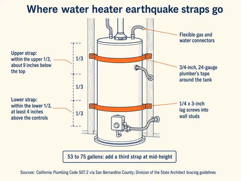 Diagram titled Where water heater earthquake straps go, showing a tank water heater against a wall. Upper strap within the upper 1/3 of the heater, about 9 inches below the top. Lower strap within the lower 1/3, at least 4 inches above the controls. 3/4-inch, 24-gauge plumber's tape wrapped around the tank. 1/4 by 3-inch lag screws into wall studs. Flexible gas and water connectors. Heaters of 53 to 75 gallons add a third strap at mid-height. Sources: California Plumbing Code 507.2 via San Bernardino County; Division of the State Architect bracing guidelines.