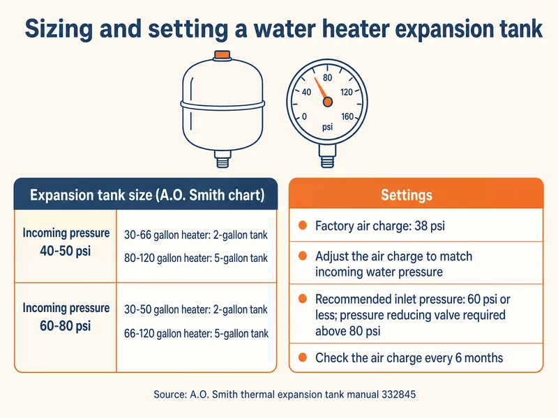 Infographic titled Sizing and setting a water heater expansion tank. Sizing chart from A.O. Smith: at 40 to 50 psi, 30 to 66 gallon heaters take a 2-gallon tank and 80 to 120 gallon heaters a 5-gallon tank; at 60 to 80 psi, 30 to 50 gallon heaters take a 2-gallon tank and 66 to 120 gallon heaters a 5-gallon tank. Settings: factory air charge 38 psi, adjust to match incoming water pressure; recommended inlet pressure 60 psi or less; pressure reducing valve required above 80 psi; check the air charge every 6 months. Source: A.O. Smith thermal expansion tank manual 332845.