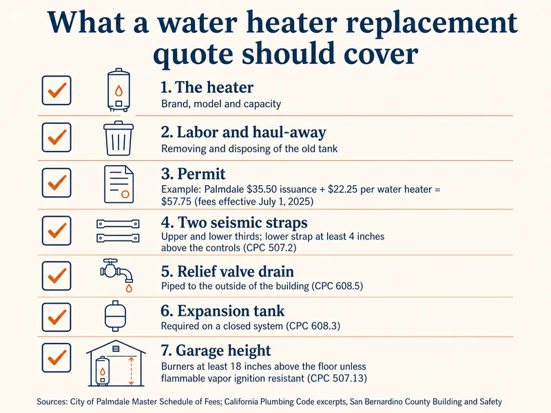 Checklist titled What a water heater replacement quote should cover. Items: the heater itself, with brand, model and capacity; labor and haul-away; permit, with the example Palmdale permit $35.50 issuance plus $22.25 per water heater equals $57.75 (fee schedule effective July 1, 2025); two seismic straps in the upper and lower thirds, lower strap at least 4 inches above the controls, CPC 507.2; relief valve drain to the outside, CPC 608.5; expansion tank on a closed system, CPC 608.3; burners at least 18 inches above a garage floor unless flammable vapor ignition resistant, CPC 507.13. Sources: City of Palmdale; California Plumbing Code via San Bernardino County.