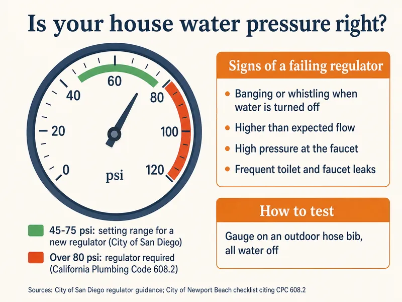 Gauge diagram titled Is your house water pressure right? A dial from 0 to 120 psi with a green band from 45 to 75 psi labeled San Diego's setting range for a new regulator, and a red zone above 80 psi labeled regulator required, California Plumbing Code 608.2. Side list, Signs of a failing regulator: banging or whistling when water is turned off; higher than expected flow; high pressure at the faucet; frequent toilet and faucet leaks. How to test: gauge on an outdoor hose bib, all water off. Sources: City of San Diego; City of Newport Beach checklist citing CPC 608.2.
