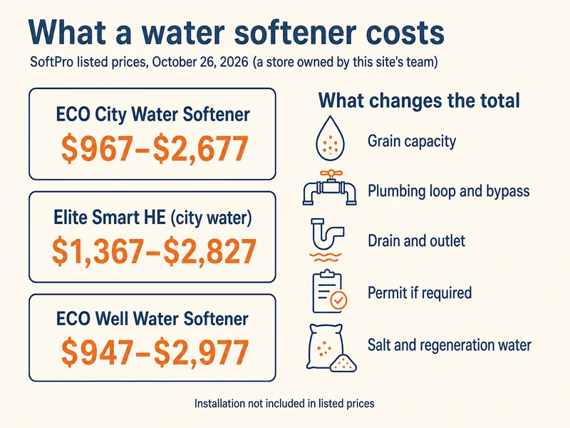 Infographic titled What a water softener costs, with the subtitle SoftPro listed prices, October 26, 2026 (a store owned by this site's team). Three price cards: ECO City Water Softener $967–$2,677; Elite Smart HE (city water) $1,367–$2,827; ECO Well Water Softener $947–$2,977. A column headed What changes the total lists grain capacity, plumbing loop and bypass, drain and outlet, permit if required, and salt and regeneration water. Footer: installation not included in listed prices.