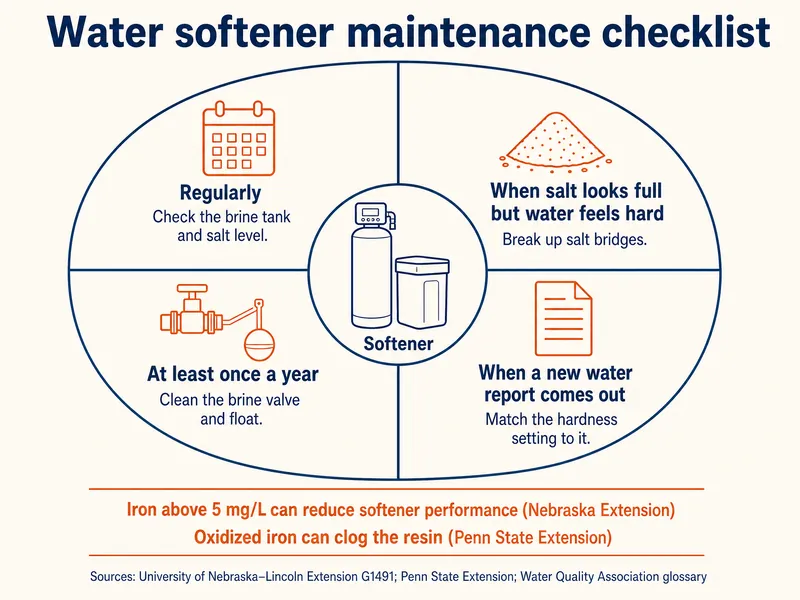 Infographic titled Water softener maintenance checklist, a wheel around a softener and brine tank. Regularly: check the brine tank and salt level. When salt looks full but water feels hard: break up salt bridges. At least once a year: clean the brine valve and float. When a new water report comes out: match the hardness setting to it. Notes: iron above 5 mg/L can reduce softener performance (Nebraska Extension); oxidized iron can clog the resin (Penn State Extension). Sources: University of Nebraska–Lincoln Extension G1491; Penn State Extension; Water Quality Association glossary.
