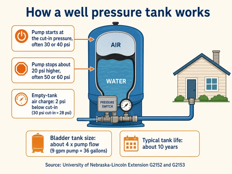 Infographic titled How a well pressure tank works, showing a cutaway bladder tank with air above the water, a pressure switch and gauge at its base and a pipe to the house. Callouts: pump starts at the cut-in pressure, often 30 or 40 psi; pump stops about 20 psi higher, often 50 or 60 psi; empty-tank air charge 2 psi below cut-in, so a 30 psi cut-in means 28 psi. Two cards: bladder tank size about 4 times pump flow, so a 9 gpm pump needs 36 gallons; typical tank life about 10 years. Source: University of Nebraska-Lincoln Extension G2152 and G2153.