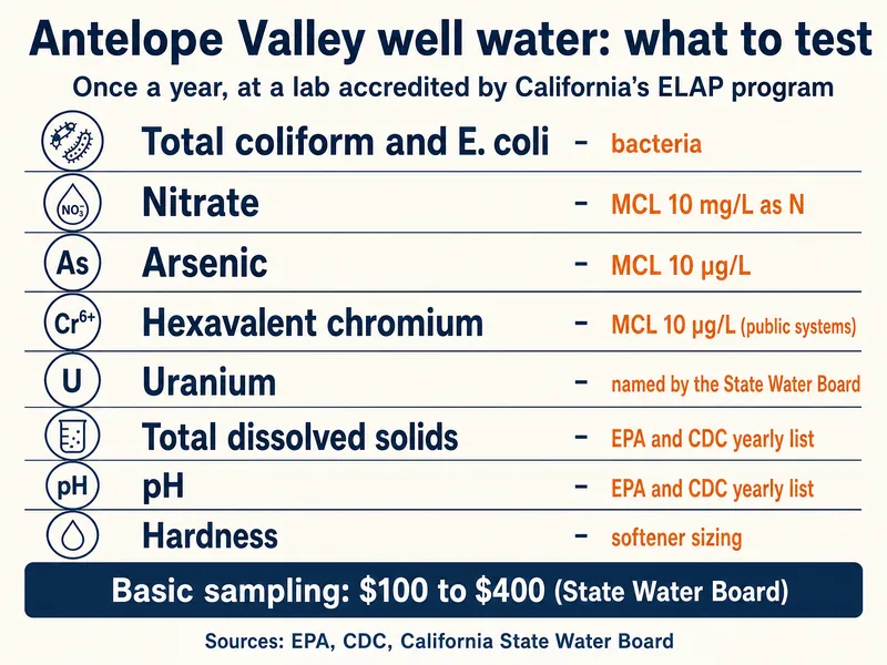 Infographic titled Antelope Valley well water: what to test, once a year at a lab accredited by California's ELAP program. Eight checklist rows: total coliform and E. coli, bacteria; nitrate, MCL 10 mg/L as N; arsenic, MCL 10 µg/L; hexavalent chromium, MCL 10 µg/L (public systems); uranium, named by the State Water Board; total dissolved solids, EPA and CDC yearly list; pH, EPA and CDC yearly list; hardness, for softener sizing. Bottom band: basic sampling $100 to $400 (State Water Board). Sources: EPA, CDC, California State Water Board.