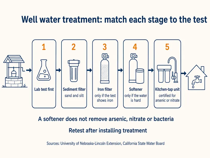 Infographic titled Well water treatment: match each stage to the test. A left-to-right flow from a well to a house tap through five numbered boxes: 1 lab test first; 2 sediment filter, for sand and silt; 3 iron filter, only if the test shows iron; 4 softener, only if the water is hard; 5 kitchen-tap unit certified for arsenic or nitrate. Notes below: a softener does not remove arsenic, nitrate or bacteria; retest after installing treatment. Sources: University of Nebraska-Lincoln Extension, California State Water Board.