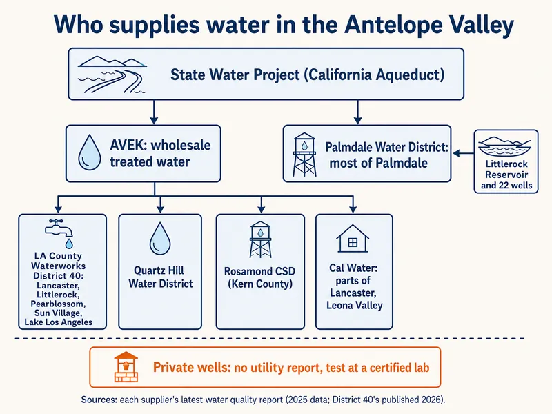 Infographic titled Who supplies water in the Antelope Valley. The State Water Project (California Aqueduct) feeds AVEK, wholesale treated water, which feeds four retail suppliers: LA County Waterworks District 40 (Lancaster, Littlerock, Pearblossom, Sun Village, Lake Los Angeles), Quartz Hill Water District, Rosamond CSD (Kern County) and Cal Water (parts of Lancaster, Leona Valley). The State Water Project also feeds the Palmdale Water District (most of Palmdale), which also draws on Littlerock Reservoir and 22 wells. Below a dashed line: private wells, no utility report, test at a certified lab. Sources: each supplier's latest water quality report (2025 data; District 40's published 2026)
